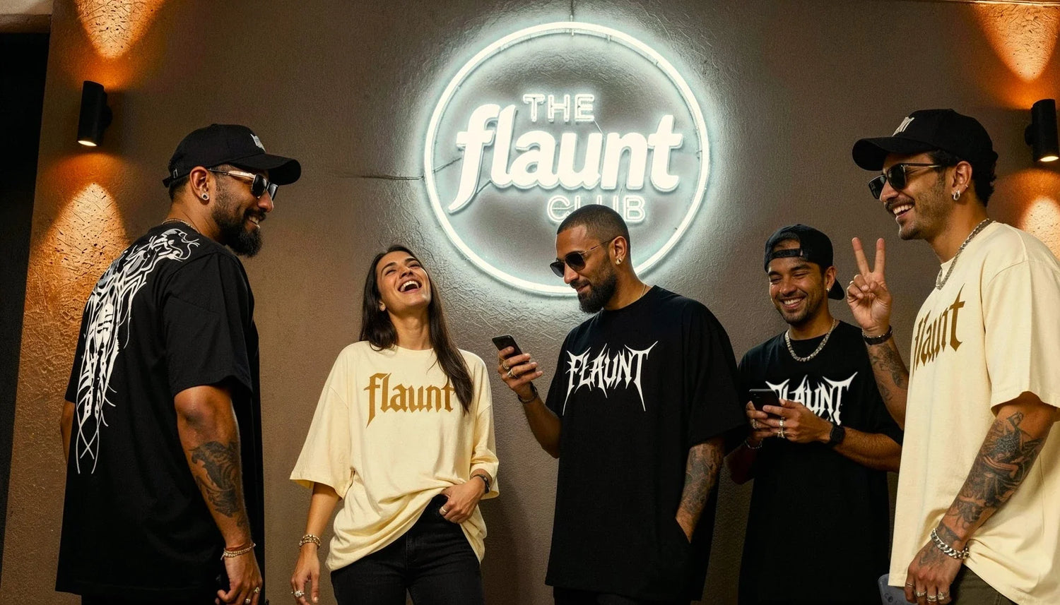 A group of people wearing oversized flaunt tshirts and street wear standing outside the flaunt club.
