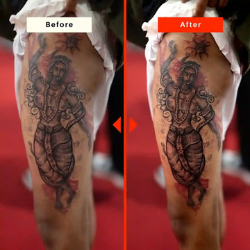 Before and after comparison of a tattoo on a person's arm with a red background.