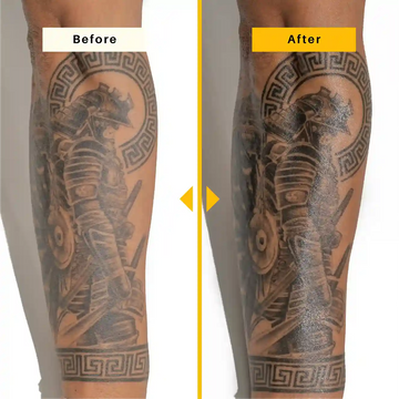 Before and after comparison of a tattoo on a person's leg.