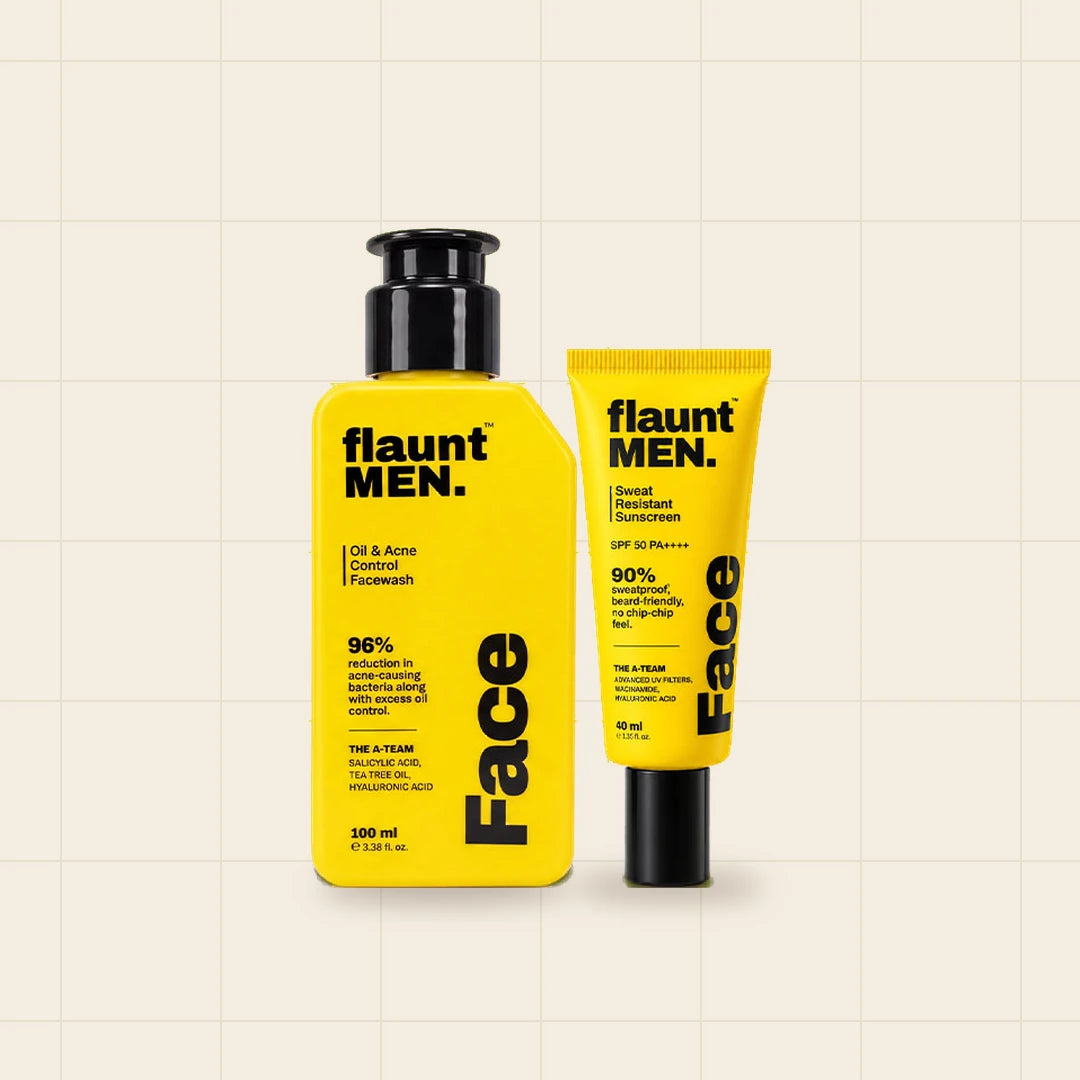 Face Trial Duo: Oil and Acne Control Facewash 50 ml and Sweat Resistant Sunscreen 25 ml, flaunt MEN.