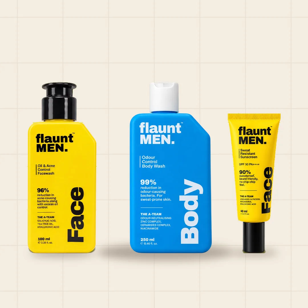 Routine Trial Trio: Facewash 50 ml, Sunscreen 25 ml and Body Wash 100 ml, flaunt MEN.