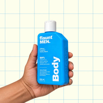 Odour Control Body Wash 250 ml pack held in hand, flaunt MEN.