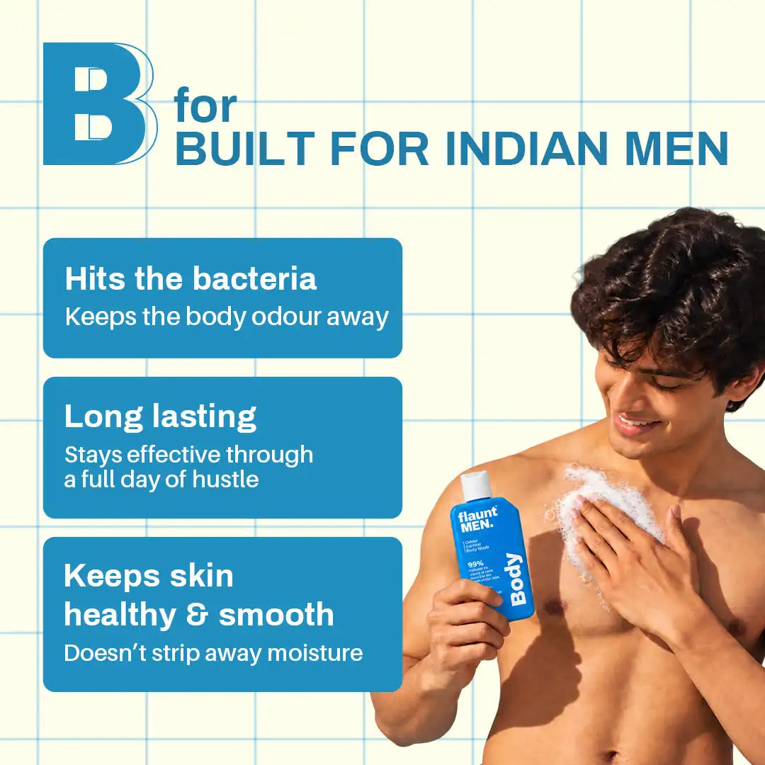 B for Built for Indian men: hits odour causing bacteria, lasts through the day, keeps skin smooth.