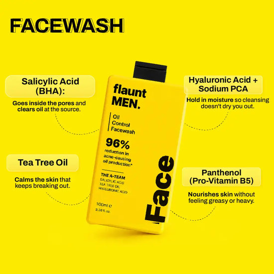 Facewash actives: salicylic acid, tea tree oil, hyaluronic acid and panthenol.