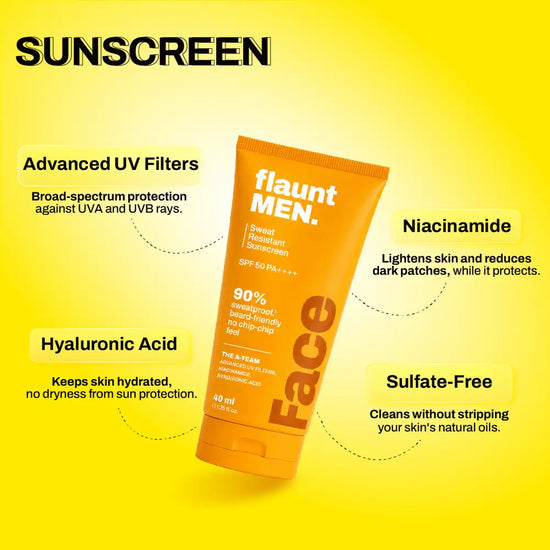 Sunscreen actives: advanced UV filters, niacinamide and hyaluronic acid.