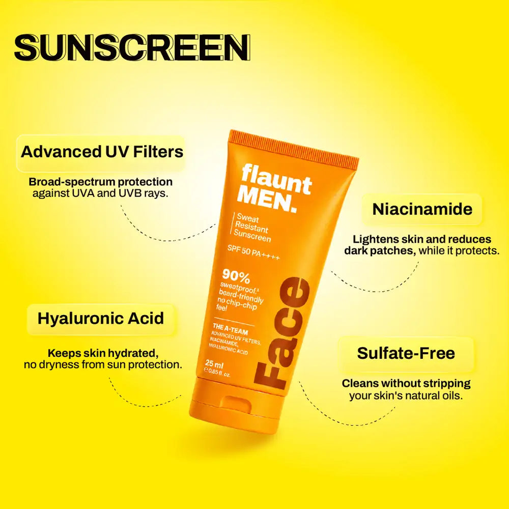 Sunscreen actives: advanced UV filters, niacinamide and hyaluronic acid.