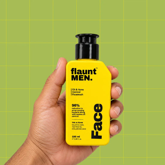 Oil and Acne Control Facewash 100 ml pack held in hand, flaunt MEN.