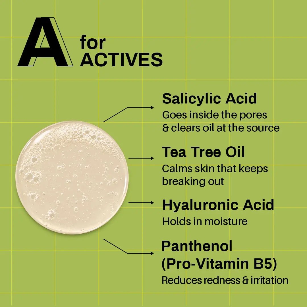 A for Actives: salicylic acid, tea tree oil, hyaluronic acid and panthenol.