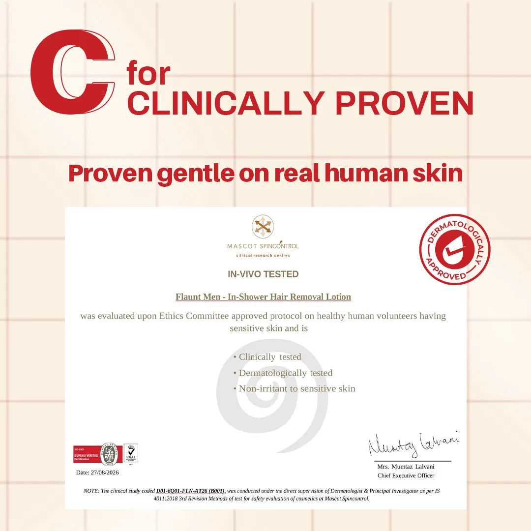 C: in-vivo dermatological test certificate, non-irritant to sensitive skin.