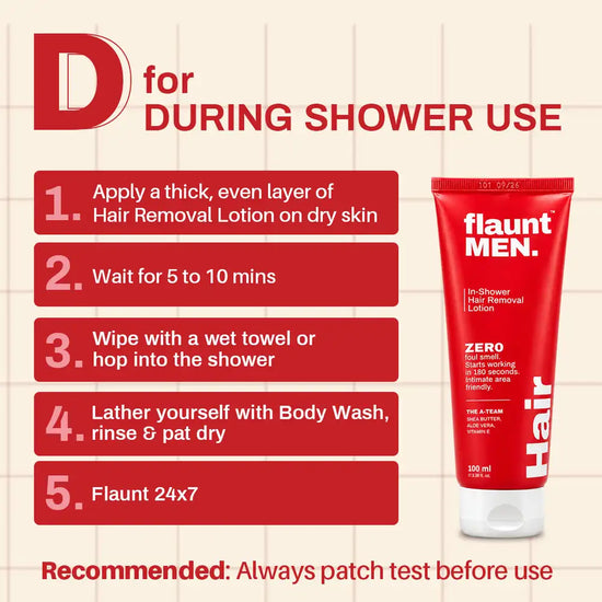 D for During shower use: the steps to use the hair removal lotion.