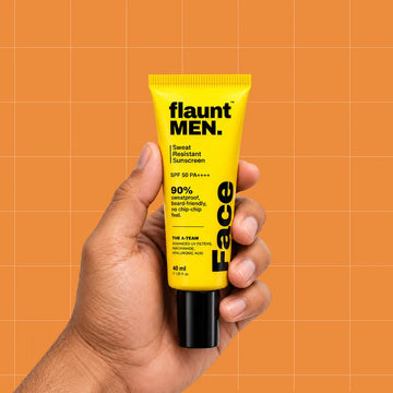Sweat Resistant Sunscreen SPF 50, 40 ml tube held in hand, flaunt MEN.