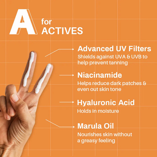 A for Actives: advanced UV filters for UVA and UVB, niacinamide, hyaluronic acid and marula oil.