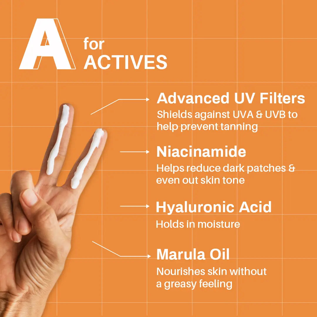 A for Actives: advanced UV filters for UVA and UVB, niacinamide, hyaluronic acid and marula oil.